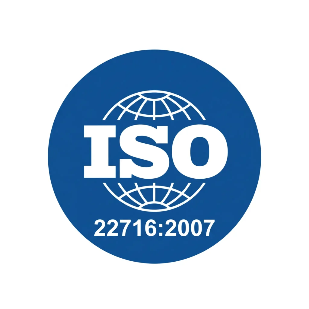 ISO 22716 certified private label skincare manufacturer badge for cosmetic GMP production and quality management