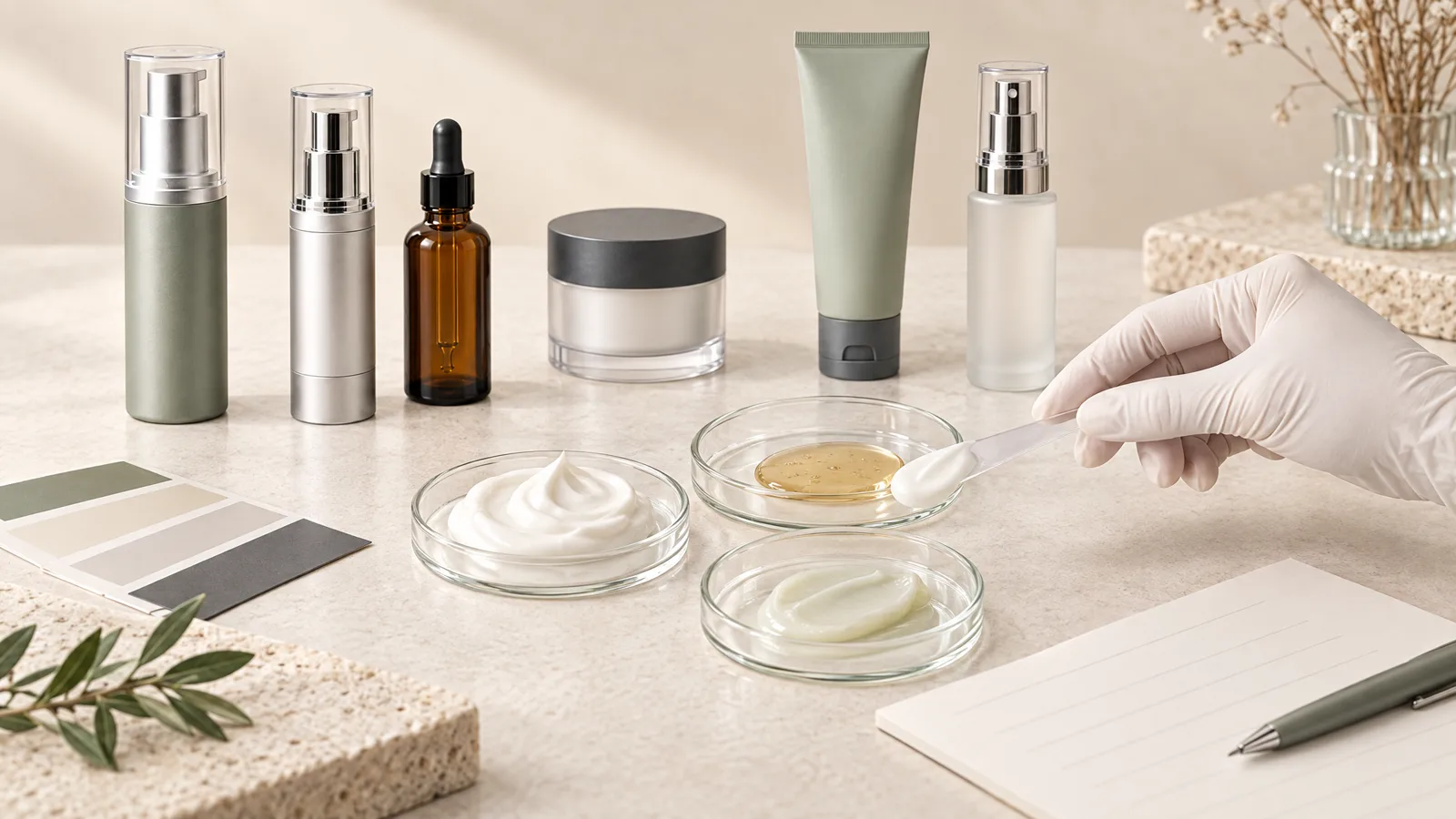 Gloved evaluator comparing cosmetic cream and serum samples during formula review