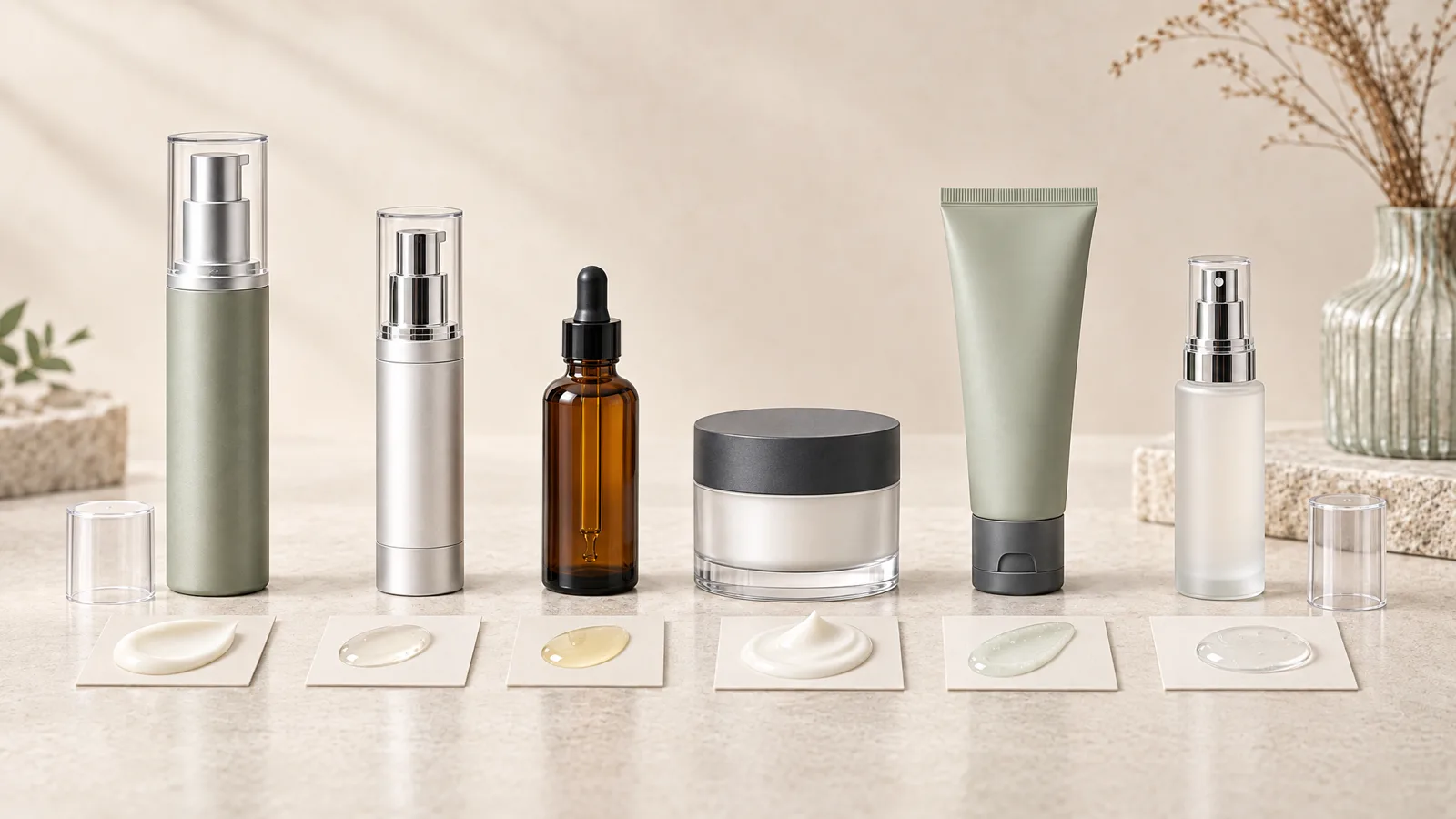 Skincare formulas paired with pumps, droppers, jars and tubes for packaging compatibility review