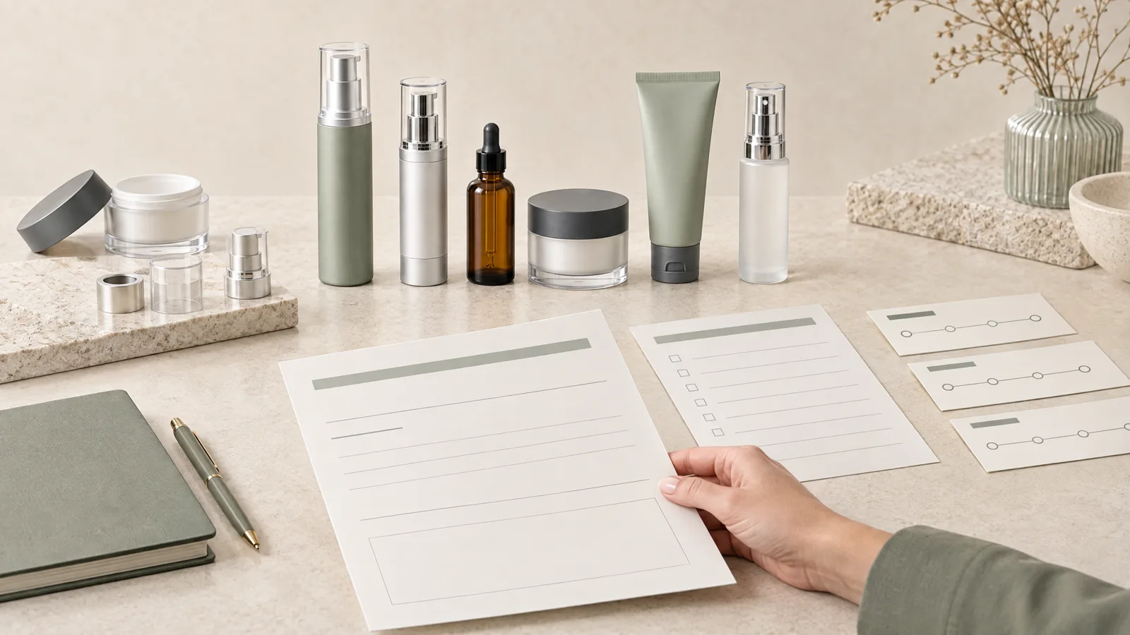 Brand buyer reviewing an unbranded cosmetic testing brief and packaging samples