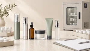 Unbranded skincare packaging and sample trays arranged for cosmetic stability testing