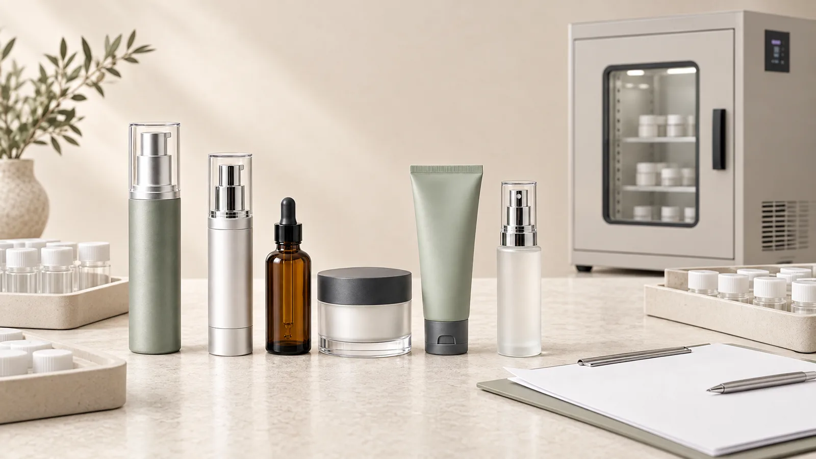Unbranded skincare packaging and sample trays arranged for cosmetic stability testing