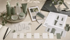 Skincare brand launch planning desk with product brief, unbranded packaging and development steps