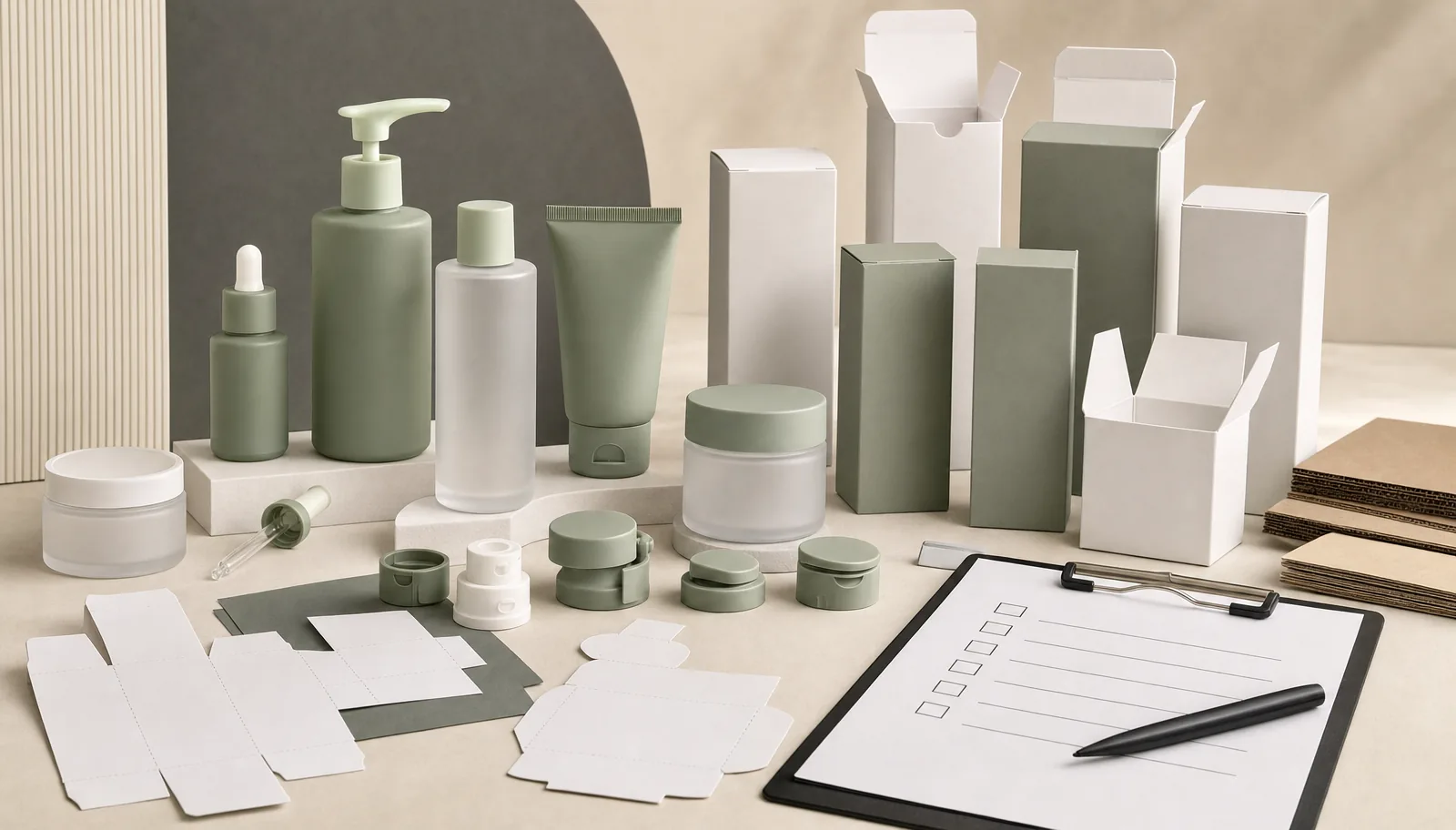 Skincare packaging and launch preparation with unbranded bottles, closures, cartons and dieline sheets