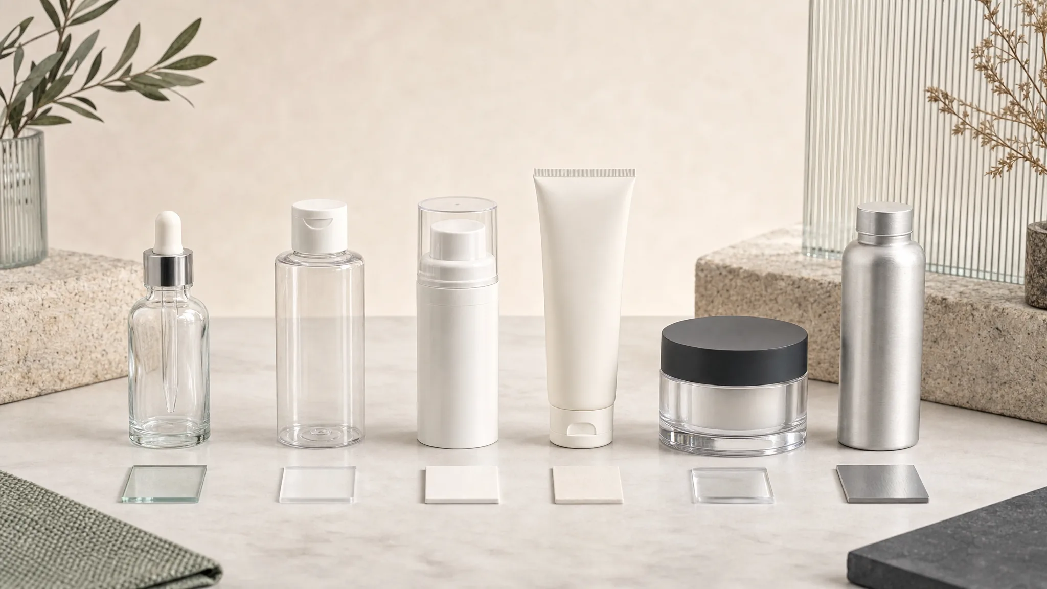 Skincare packaging material comparison with glass, plastic, acrylic and aluminum containers