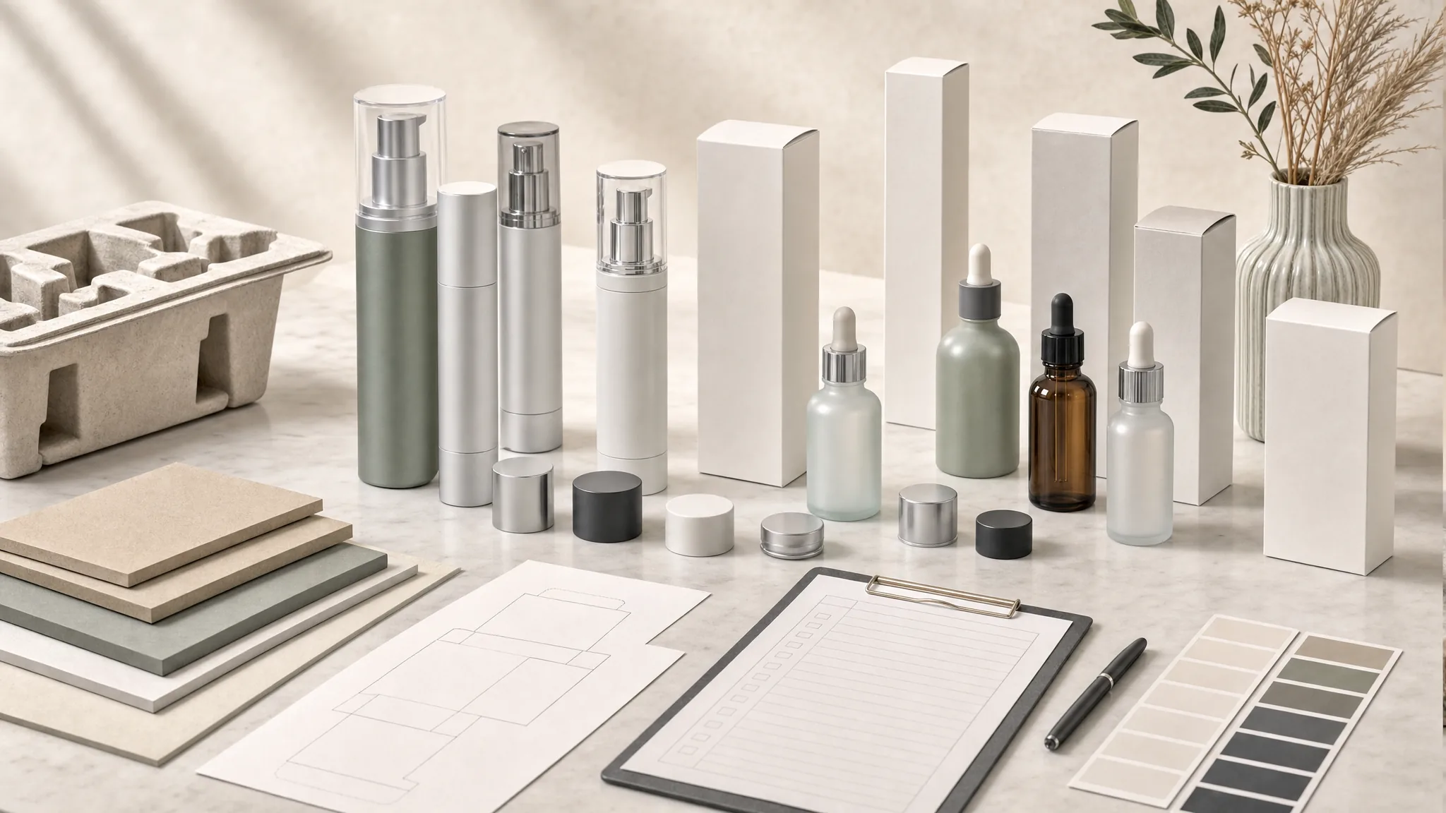 Skincare packaging project approval with bottles, cartons, closures and specification materials