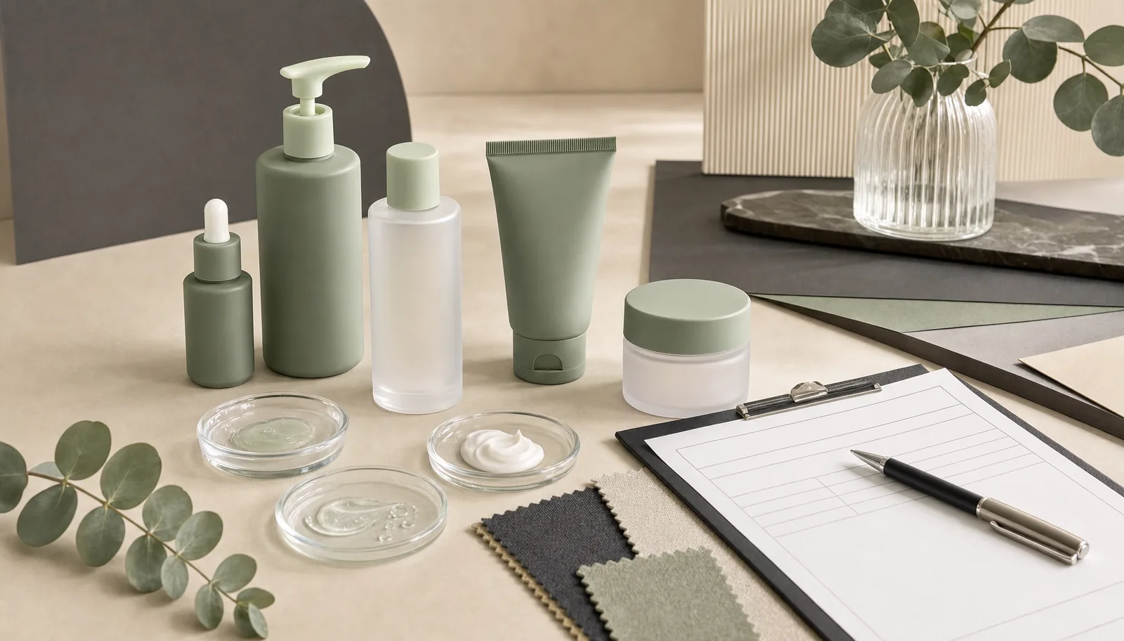 Skincare product and formula planning with unbranded containers, texture samples and a development brief